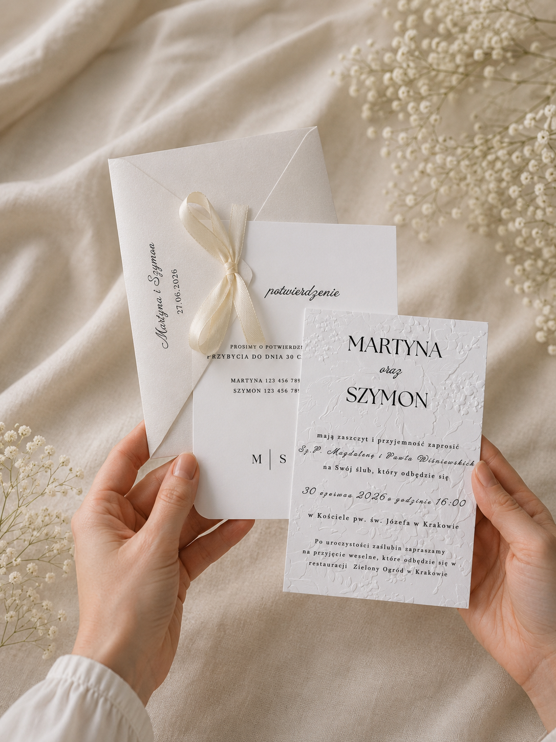 Zaproszenie ślubne Peony, gładki papier, wstążka, koperta z połyskiem personalizowana