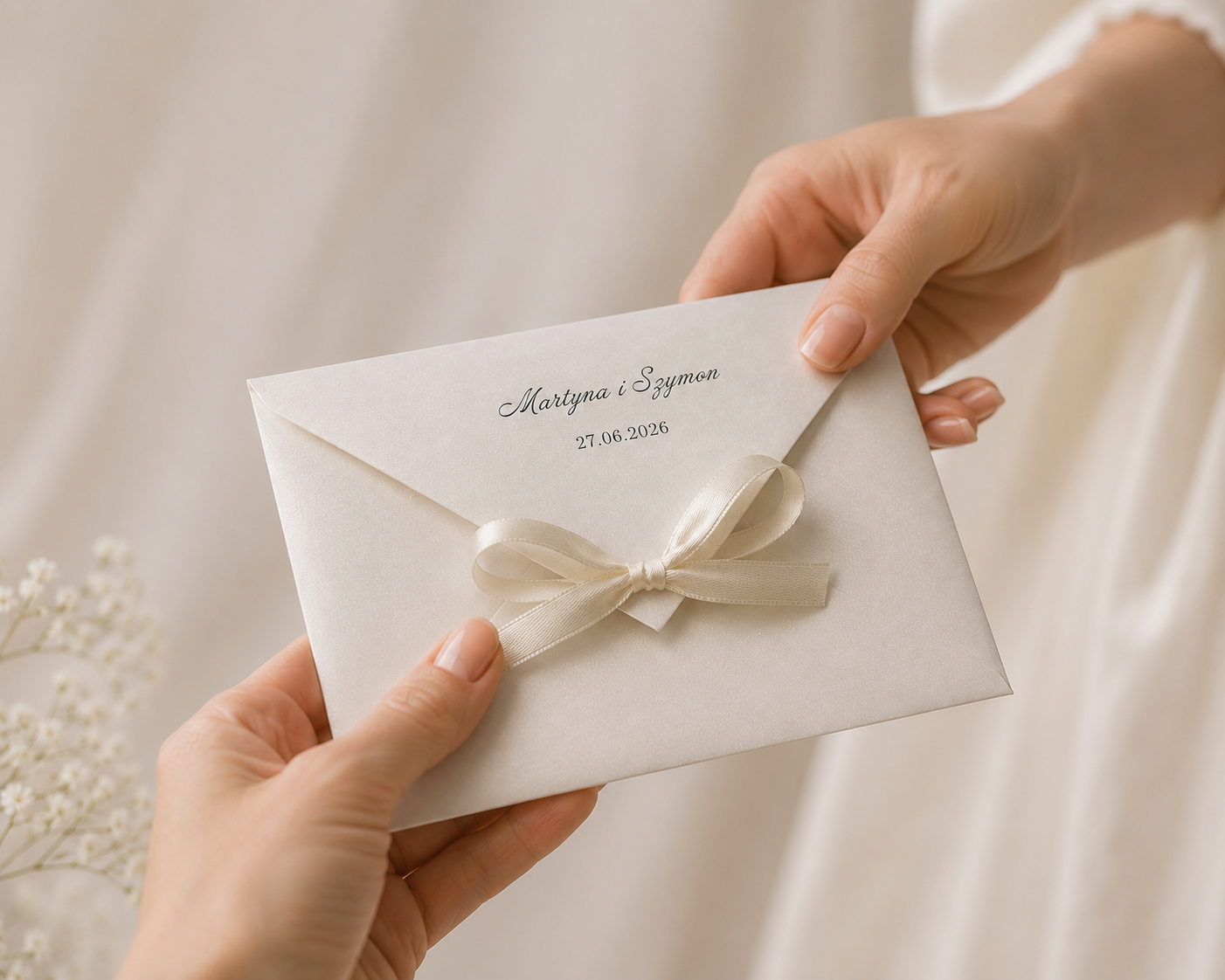 Zaproszenie ślubne Peony, gładki papier, wstążka, koperta z połyskiem personalizowana - obrazek 5