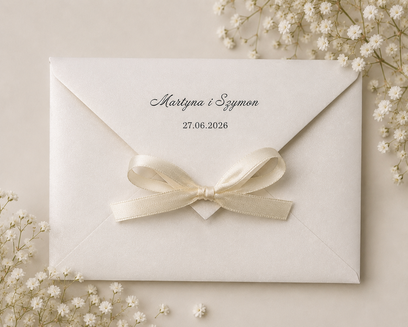 Zaproszenie ślubne Peony, gładki papier, wstążka, koperta z połyskiem personalizowana - obrazek 4