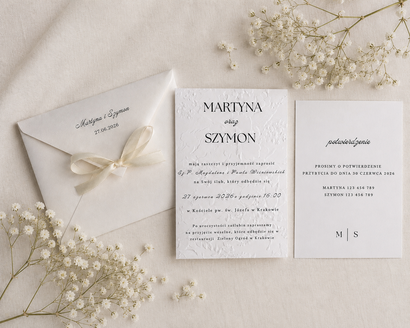 Zaproszenie ślubne Peony, gładki papier, wstążka, koperta z połyskiem personalizowana - obrazek 6