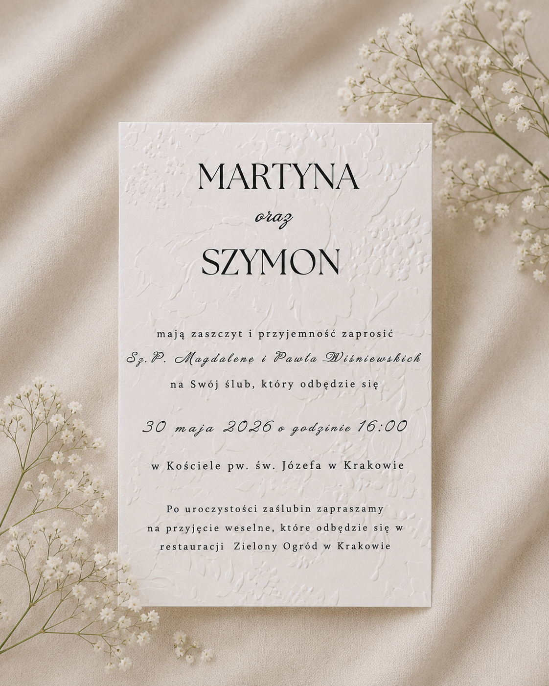 Zaproszenie ślubne Peony, gładki papier, wstążka, koperta z połyskiem personalizowana - obrazek 2
